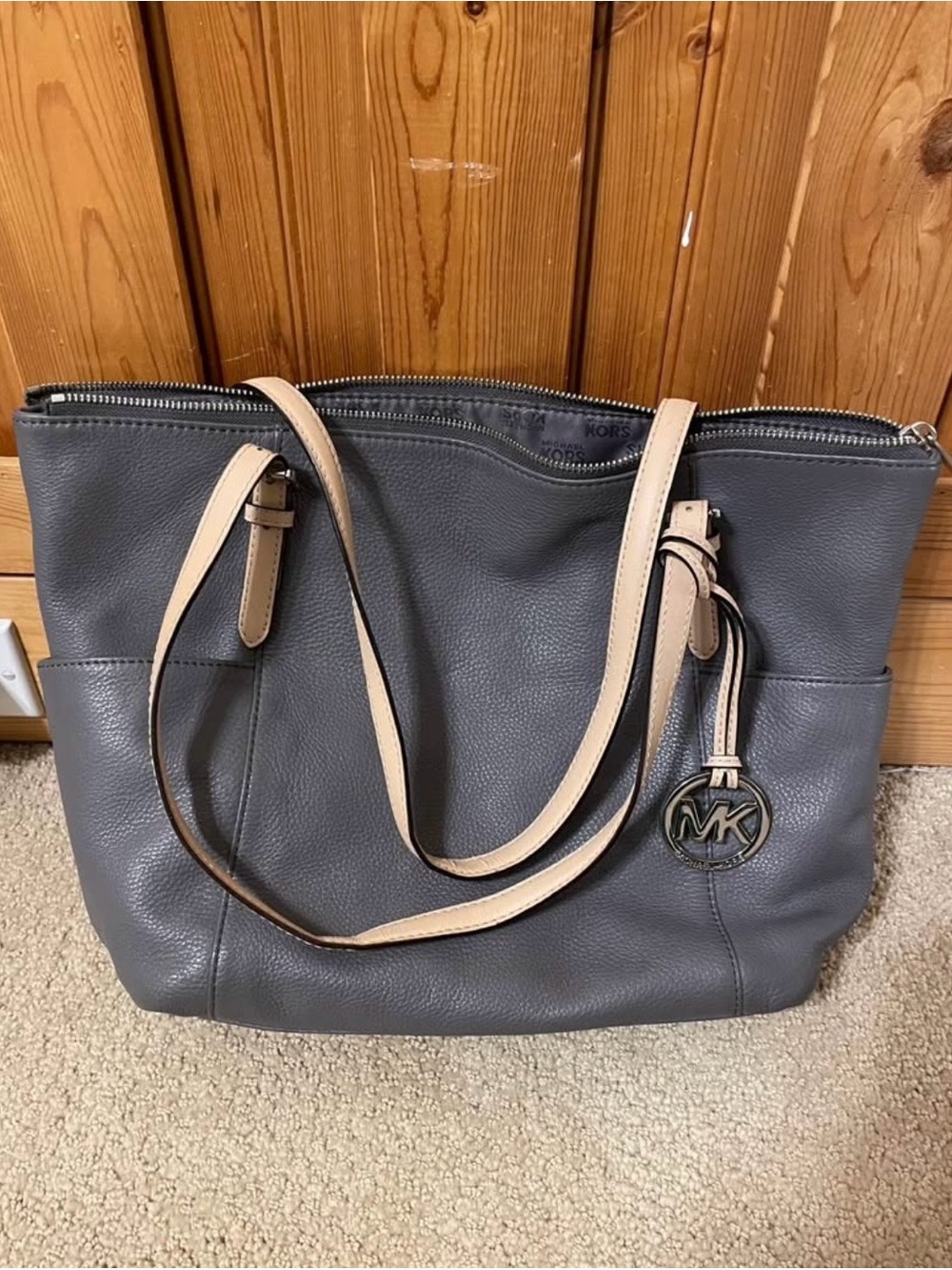 Michael Kors Gray Pebbled Leather Shoulder Tote with Beige Straps